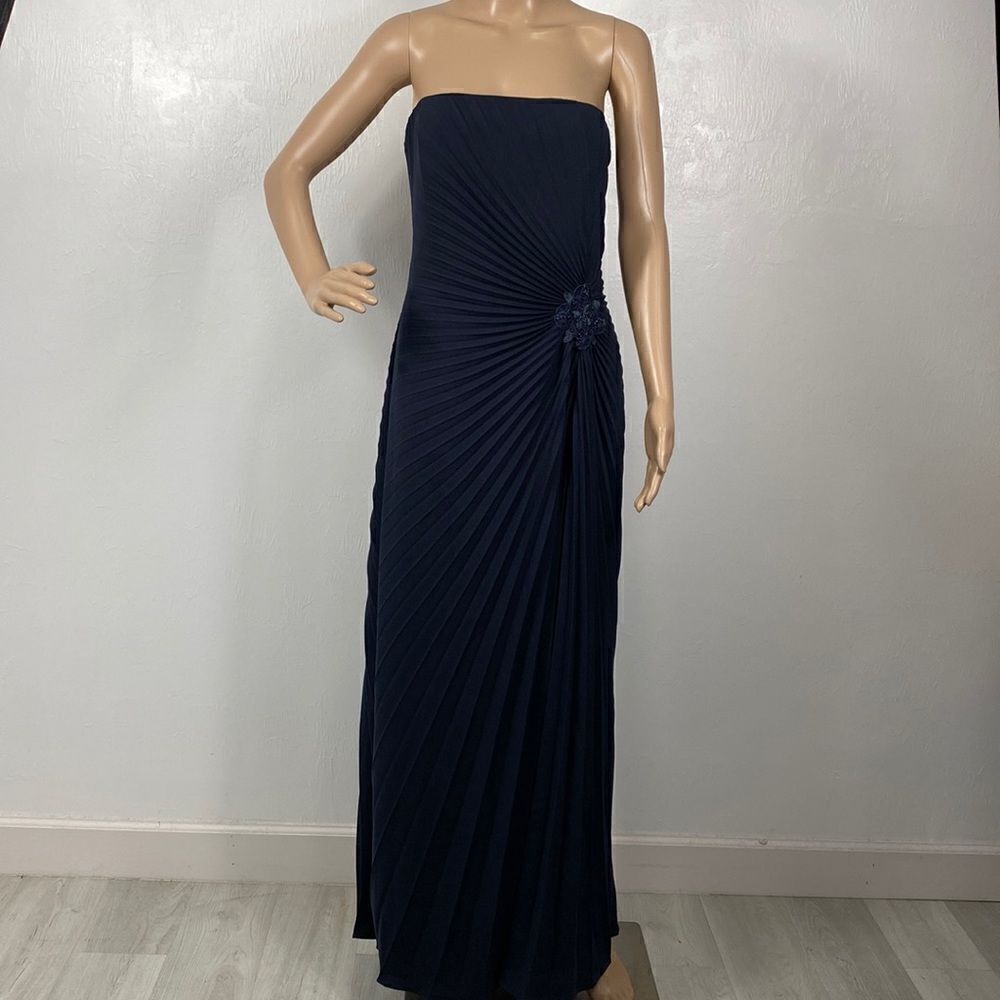 David Meister Navy Blue Strapless Maxi Dress Evening Gown